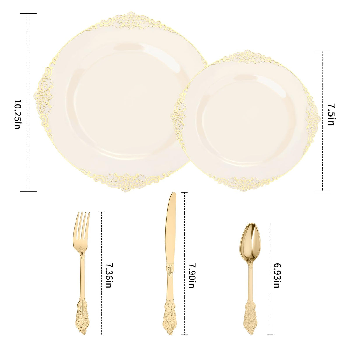 Heavy Duty Elegant Vintage Plastic Plates with Cutlery Set for Wedding, Bridal Shower, Anniversary