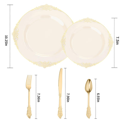 Heavy Duty Elegant Vintage Plastic Plates with Cutlery Set for Wedding, Bridal Shower, Anniversary