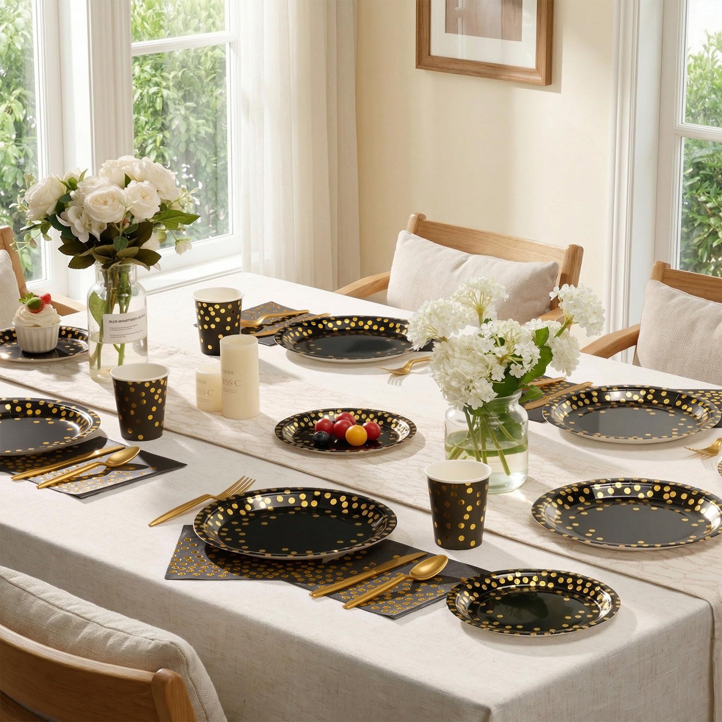 Gold Foil Polka Dot Disposable Party Paper Tableware Set for Birthday, Baby Shower, and Wedding