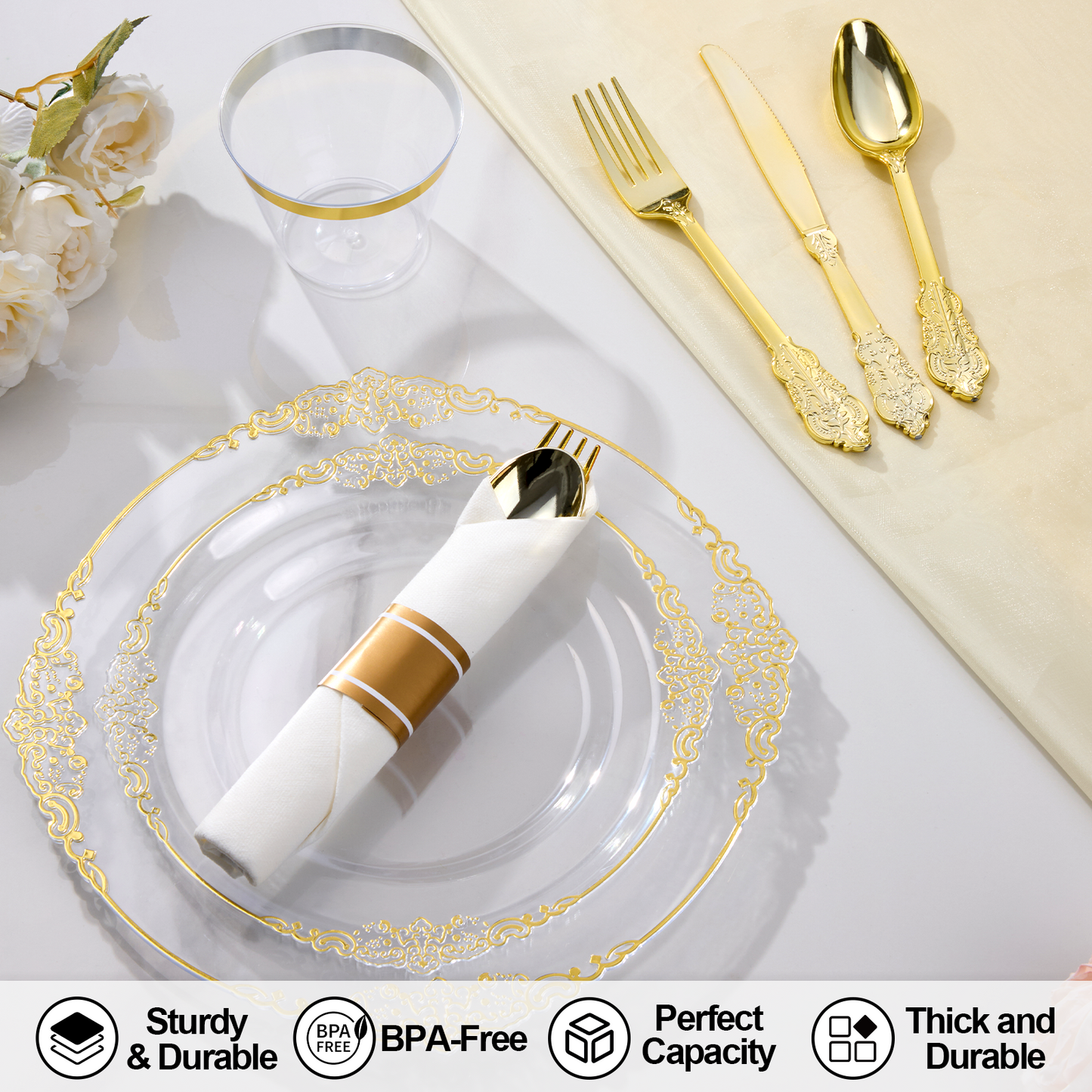 Goodluck 350PCS Disposable Clear with Gold Rim Plastic Dinnerware Sets for 50 Guests