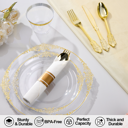 Goodluck 350PCS Disposable Clear with Gold Rim Plastic Dinnerware Sets for 50 Guests