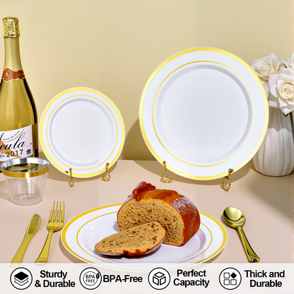 Goodluck Disposable White with Double Gold Rim Dinnerware Set