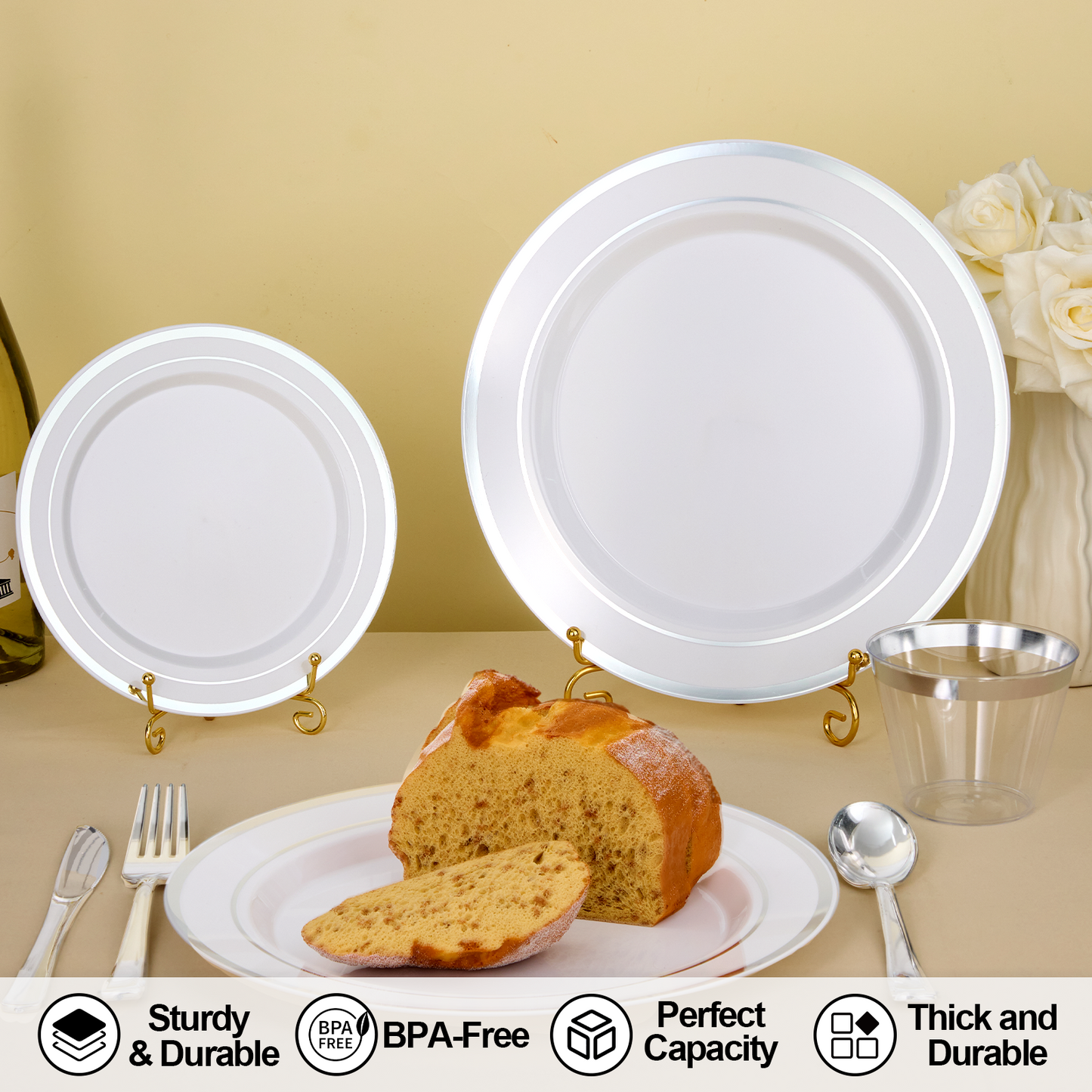 Goodluck Disposable Double Silver Rim Plastic Dinnerware Set