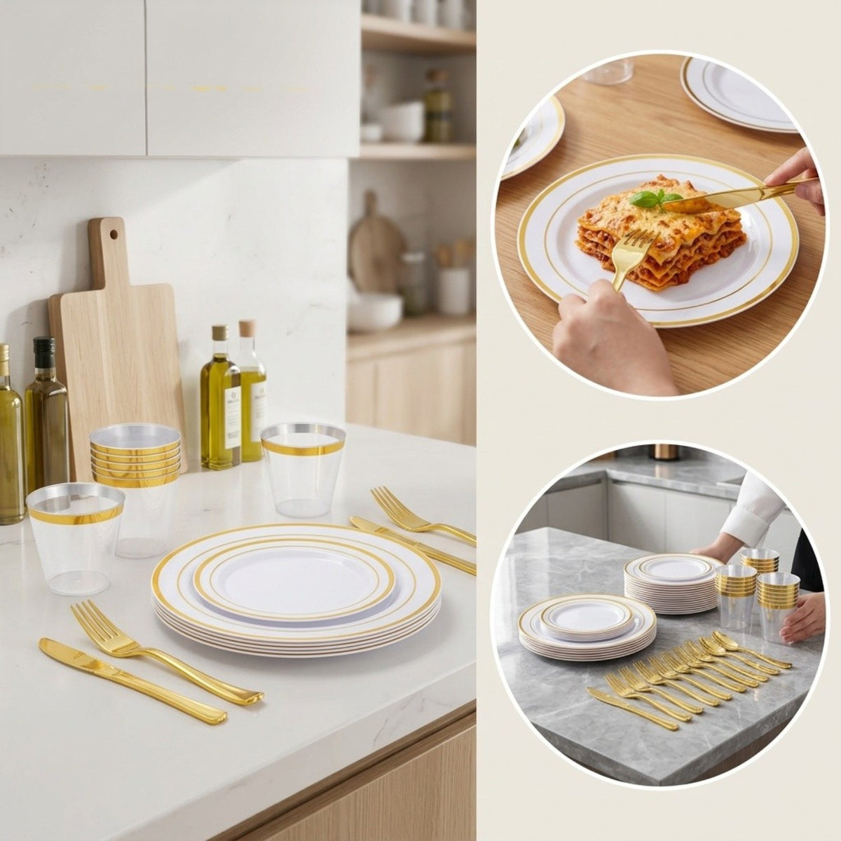 Disposable Plastic Plates for Parties and Weddings, Includes: Dinner Plates, Dessert Plates, and Sets of Gold Cutlery.