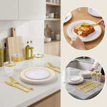 Disposable Plastic Plates for Parties and Weddings, Includes: Dinner Plates, Dessert Plates, and Sets of Gold Cutlery.