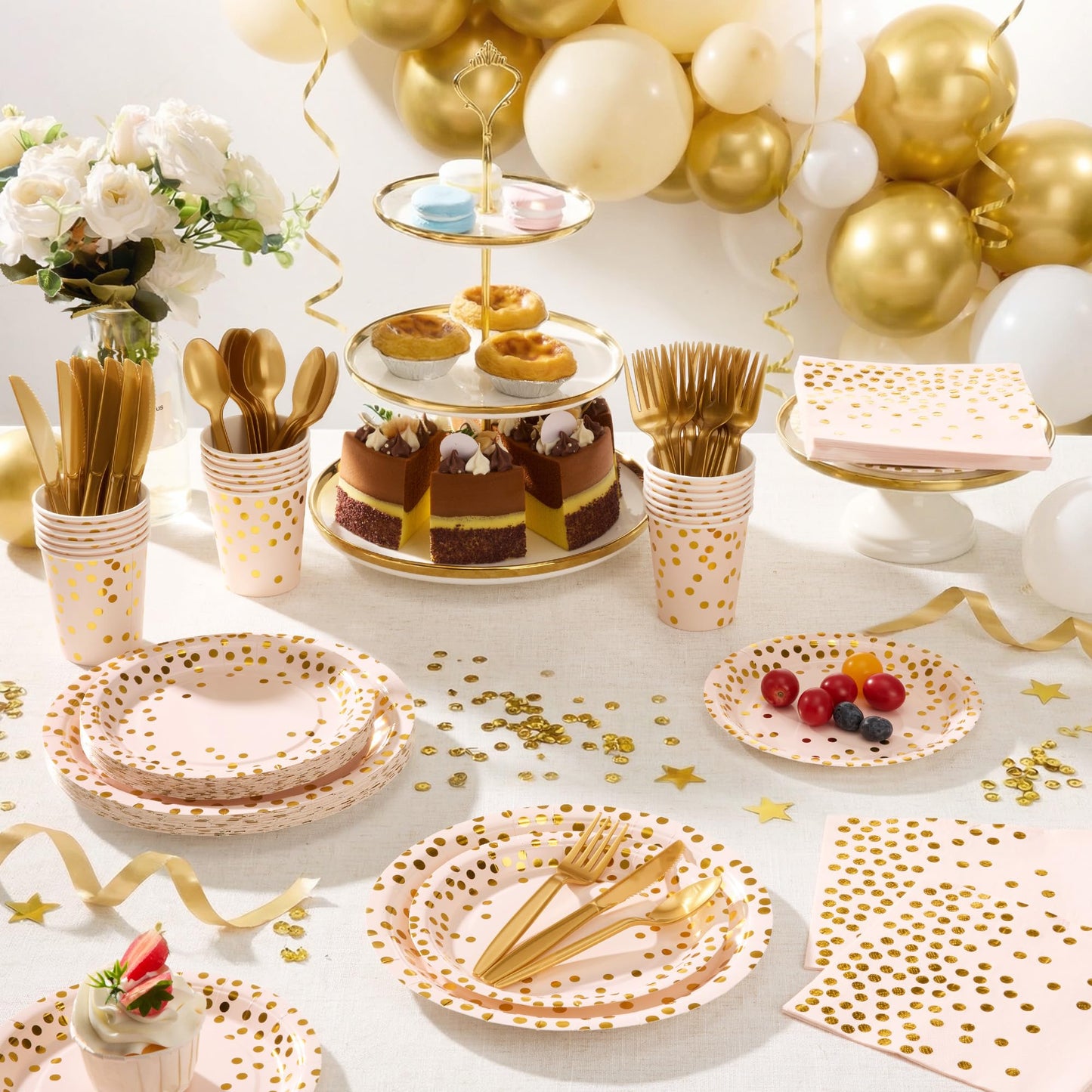 Gold Foil Polka Dot Disposable Party Paper Tableware Set for Birthday, Baby Shower, and Wedding