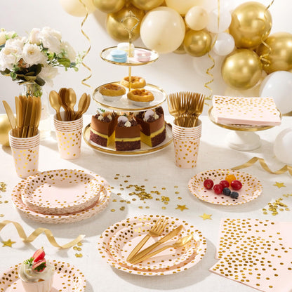Gold Foil Polka Dot Disposable Party Paper Tableware Set for Birthday, Baby Shower, and Wedding