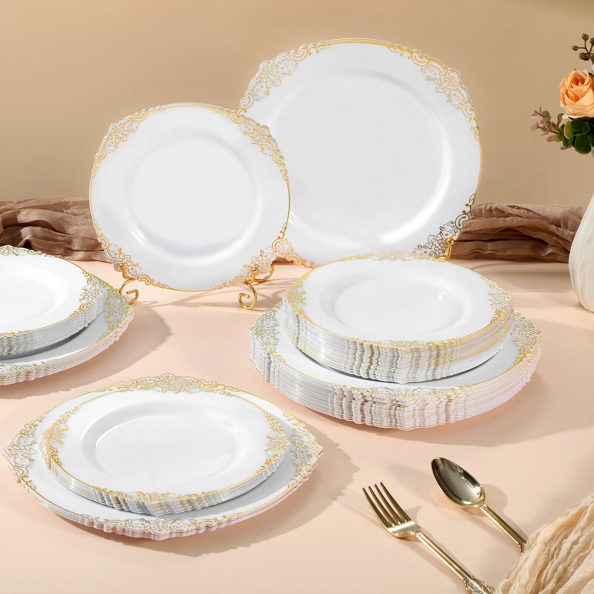 Heavy Duty Elegant Vintage Plastic Plates with Cutlery Set for Wedding, Bridal Shower, Anniversary