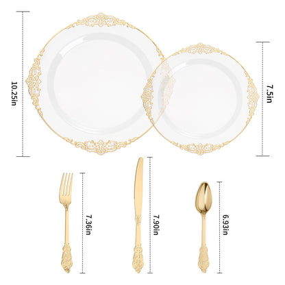 Heavy Duty Elegant Vintage Plastic Plates with Cutlery Set for Wedding, Bridal Shower, Anniversary