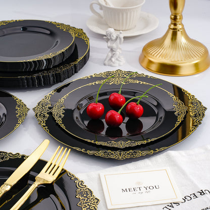 Vintage Luxury Disposable Tableware with Gold Pattern Rim For Graduation