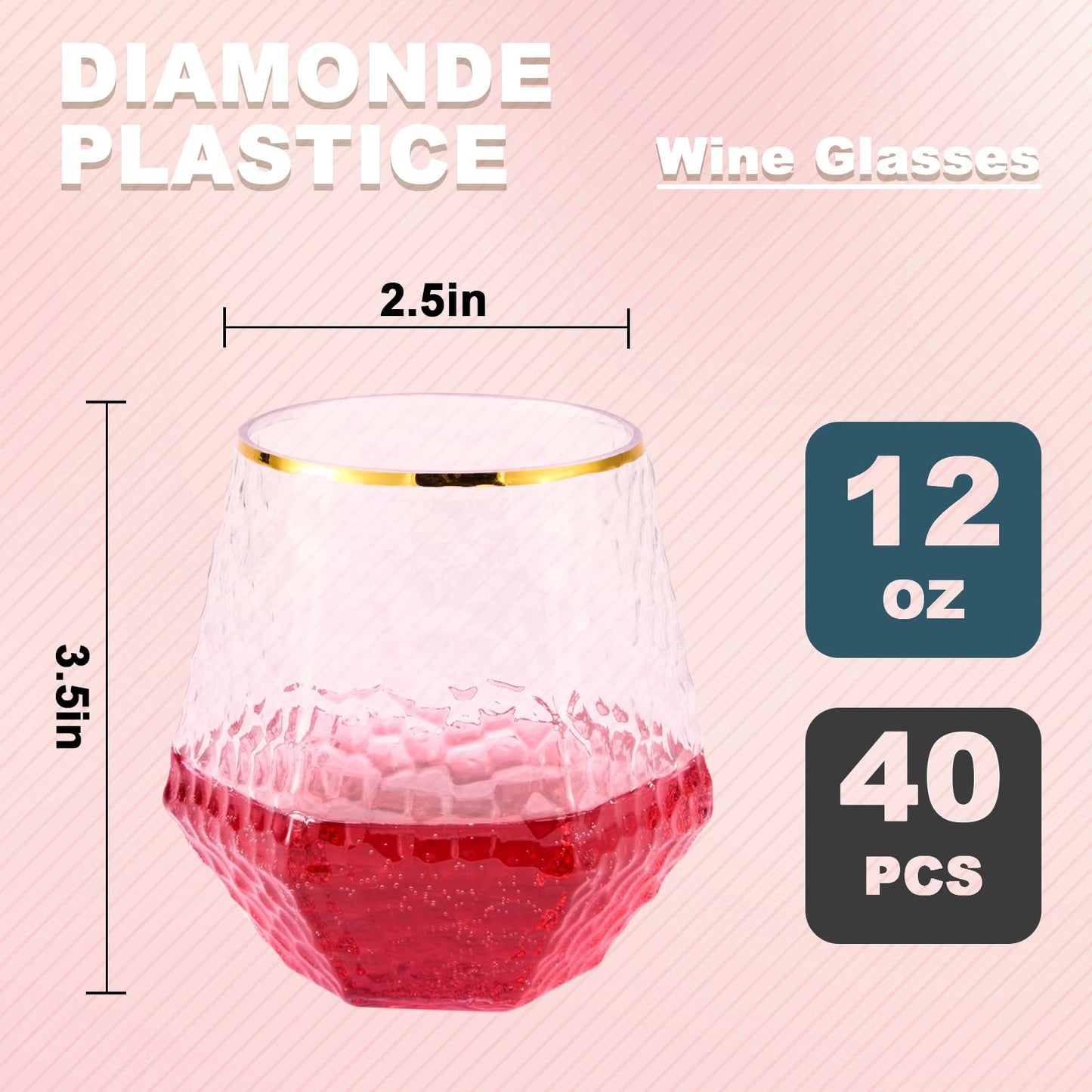 12 Oz Hammered Diamond Stemless Plastic Wine Glasses for Weddings, Birthday Parties, Family Gatherings, Bars