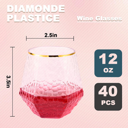 12 Oz Hammered Diamond Stemless Plastic Wine Glasses for Weddings, Birthday Parties, Family Gatherings, Bars