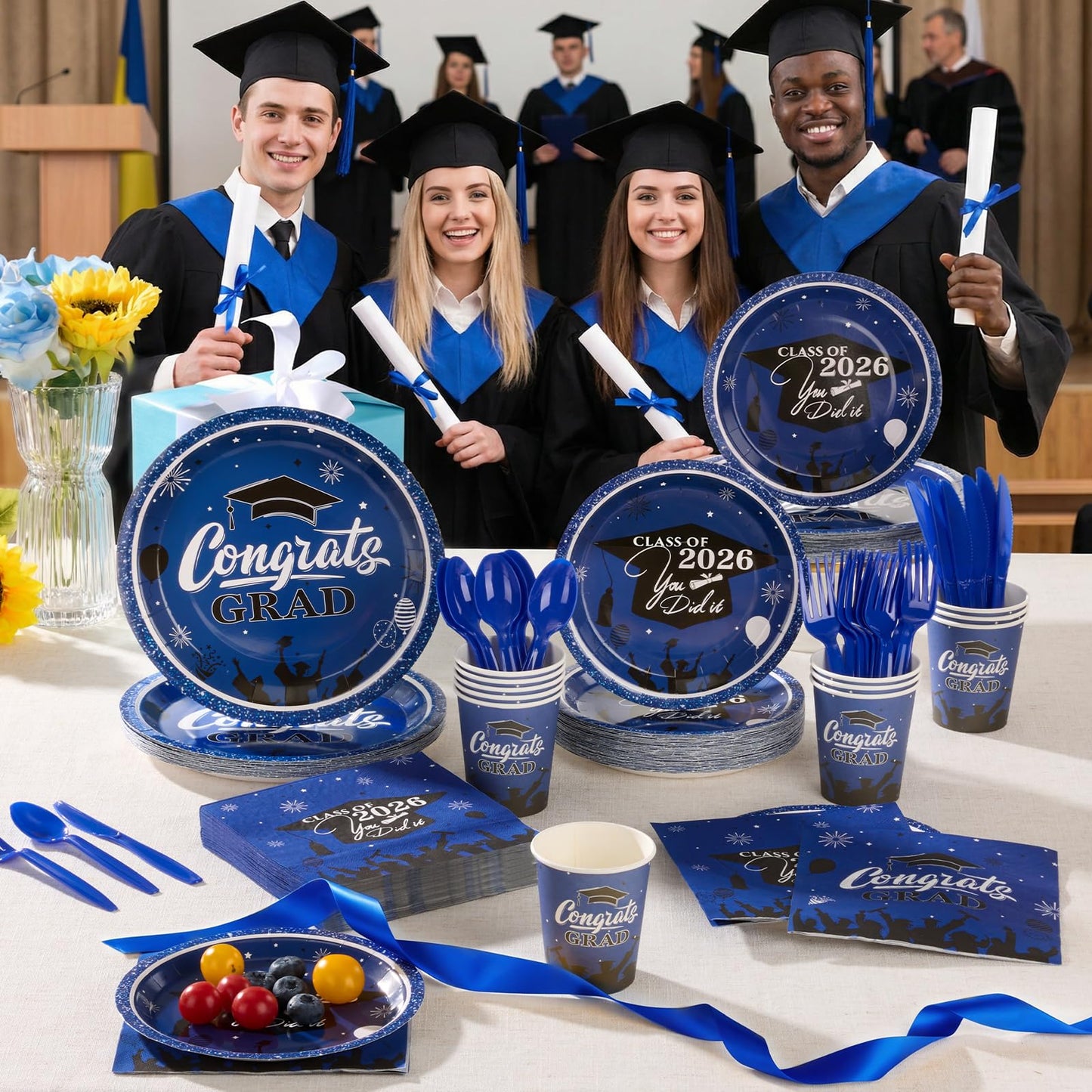 Graduation Party Supplies Include 9" & 7" Disposable Graduation Paper Plates, 9oz Cups, Napkins & Cutlery