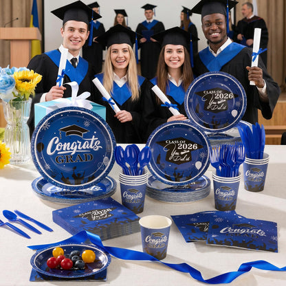 Graduation Party Supplies Include 9" & 7" Disposable Graduation Paper Plates, 9oz Cups, Napkins & Cutlery