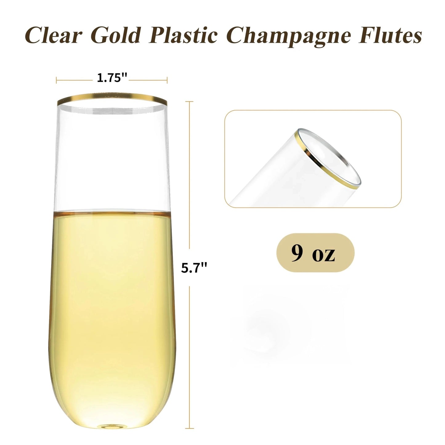 Goodluck 9 oz Disposable Stemless Clear with Gold Rim  Plastic Champagne Flutes for Party, Graduation & Wedding