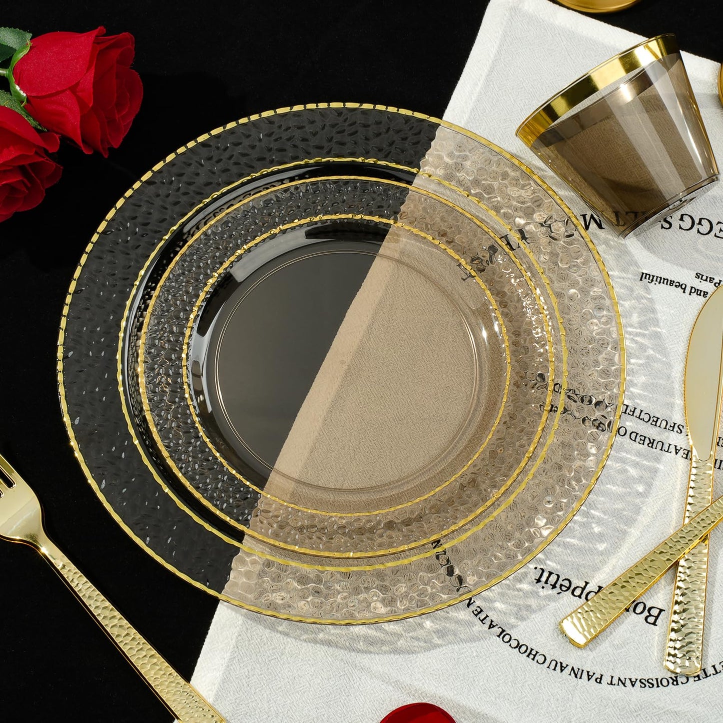 Disposable But Fancy Veined Clear Dinnerware Set for Christmas, Graduation, New Year, Thanksgiving, Valentine's Day