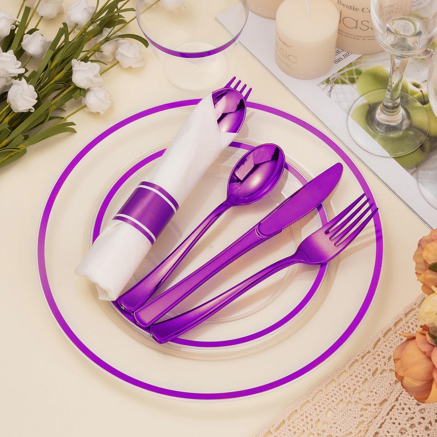 Durable Disposable Clear Plastic Dinnerware Set with Single-Rim Design