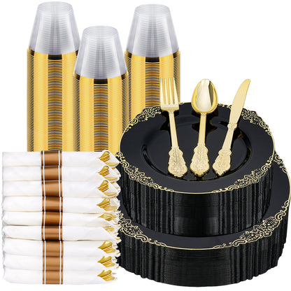 Vintage Luxury Disposable Tableware with Gold Pattern Rim For Graduation