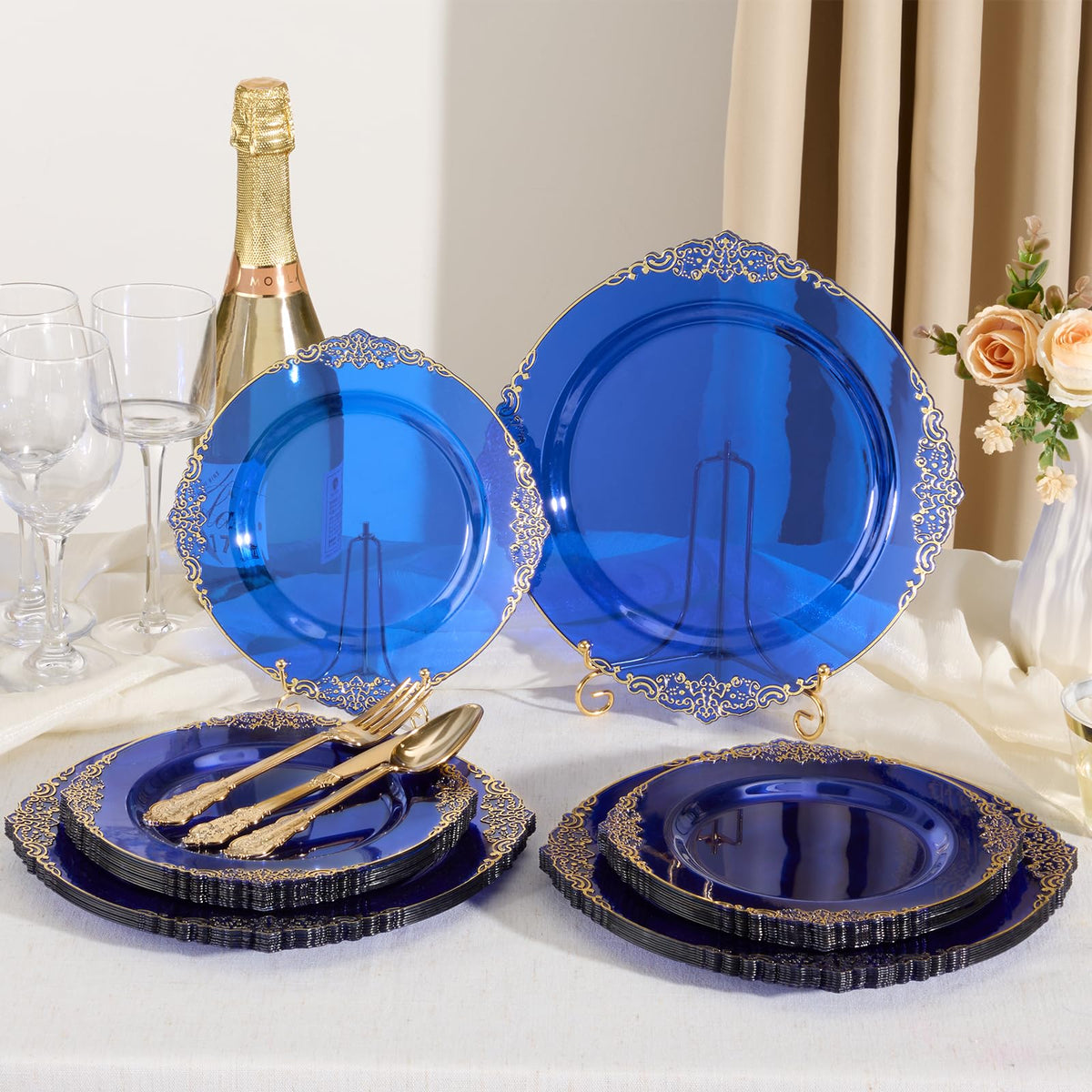 Heavy Duty Elegant Vintage Plastic Plates with Cutlery Set for Wedding, Bridal Shower, Anniversary