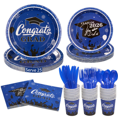 Graduation Party Supplies Include 9" & 7" Disposable Graduation Paper Plates, 9oz Cups, Napkins & Cutlery