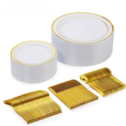 Disposable Plastic Plates for Parties and Weddings, Includes: Dinner Plates, Dessert Plates, and Sets of Gold Cutlery.