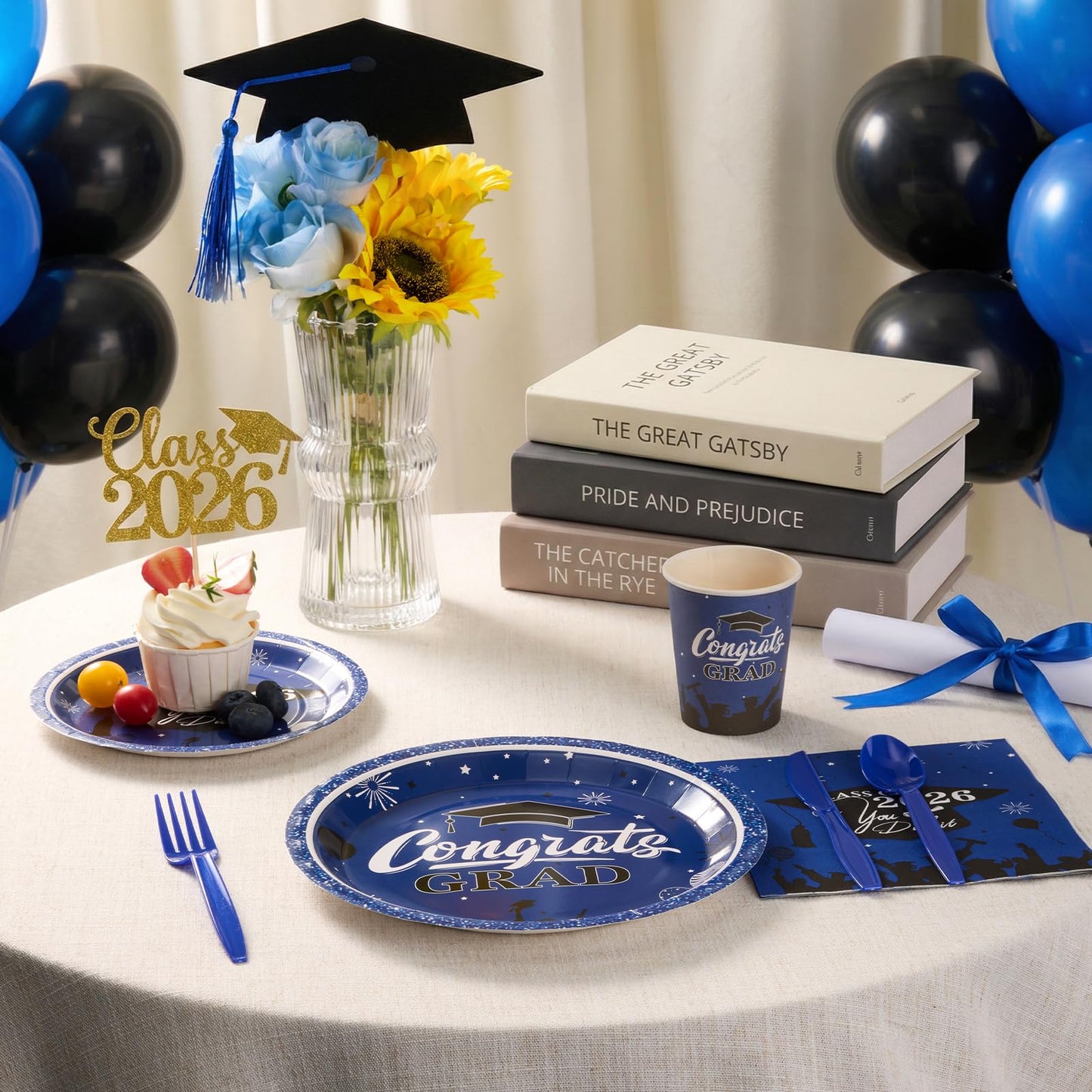 Graduation Party Supplies Include 9" & 7" Disposable Graduation Paper Plates, 9oz Cups, Napkins & Cutlery
