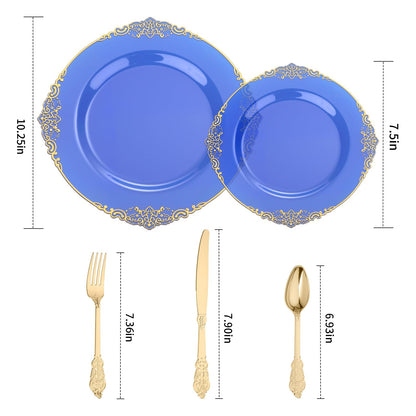 Heavy Duty Elegant Vintage Plastic Plates with Cutlery Set for Wedding, Bridal Shower, Anniversary