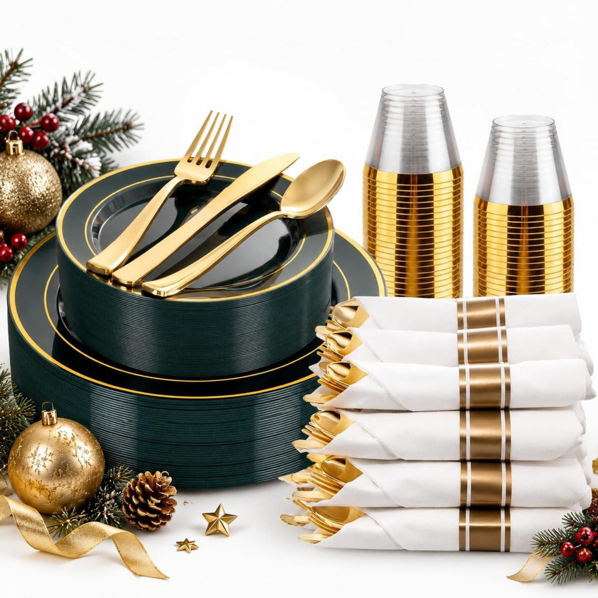 Elegant Dinnerware Set with Pre-Rolled Napkins