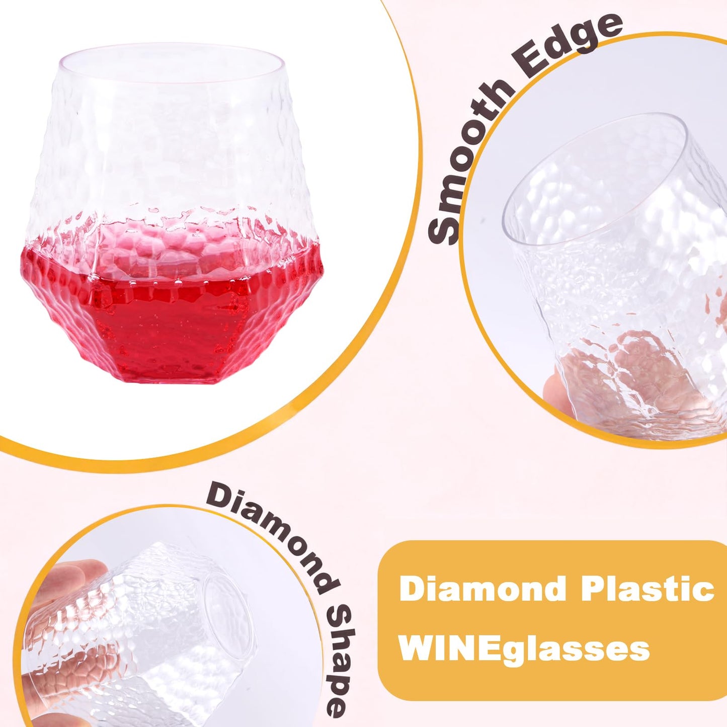 12 Oz Hammered Diamond Stemless Plastic Wine Glasses for Weddings, Birthday Parties, Family Gatherings, Bars