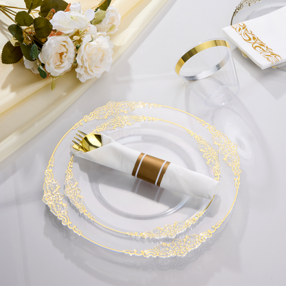 Goodluck 350PCS Disposable Clear with Gold Rim Plastic Dinnerware Sets for 50 Guests