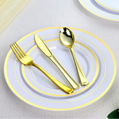 Goodluck Disposable White with Double Gold Rim Dinnerware Set