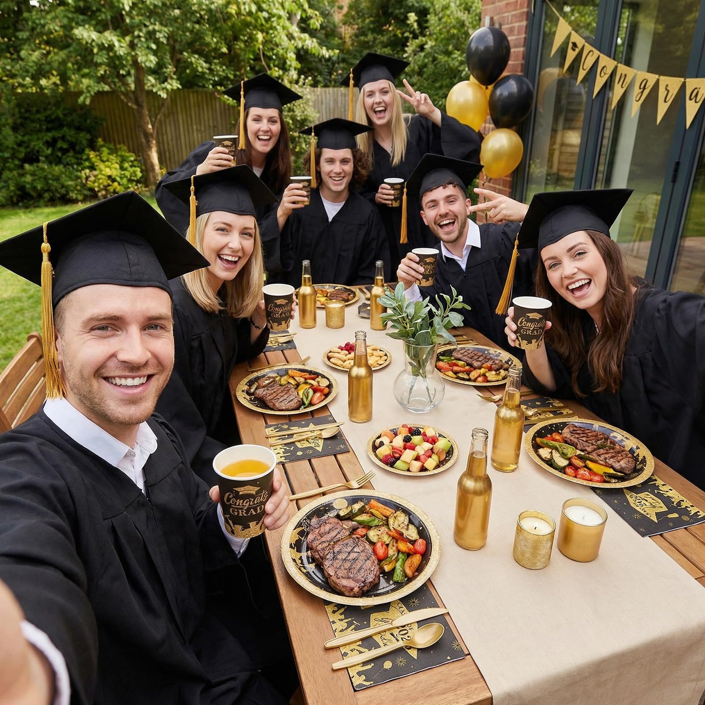 Graduation Party Supplies Include 9" & 7" Disposable Graduation Paper Plates, 9oz Cups, Napkins & Cutlery