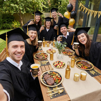 Graduation Party Supplies Include 9" & 7" Disposable Graduation Paper Plates, 9oz Cups, Napkins & Cutlery