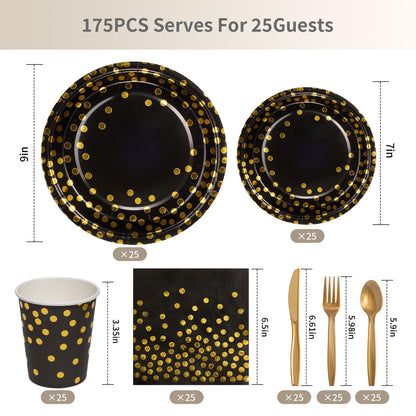 Gold Foil Polka Dot Disposable Party Paper Tableware Set for Birthday, Baby Shower, and Wedding