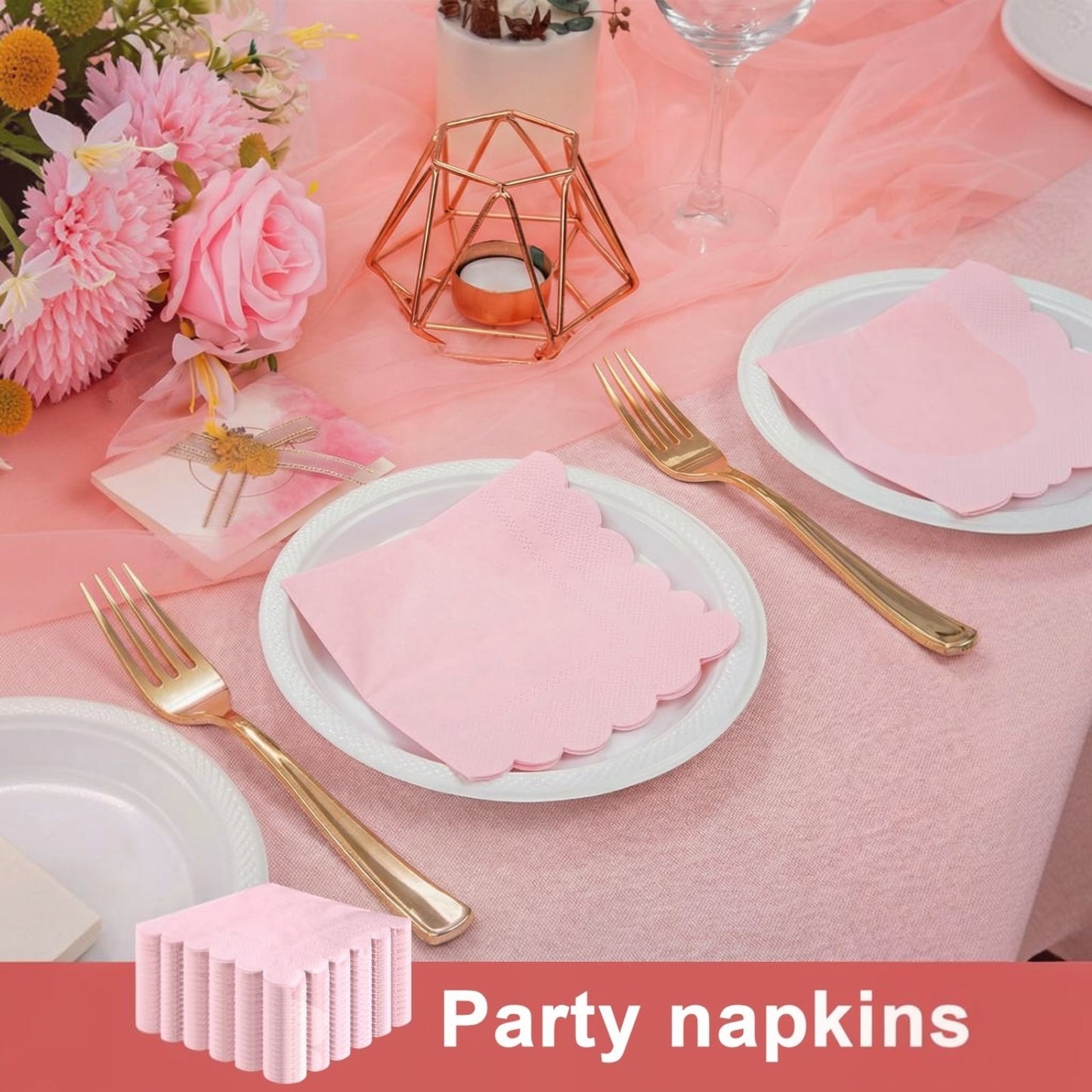 100-Pack 2-Ply 5 x 5 Inches Scalloped Disposable Napkins for Wedding, Birthday, Valentine's Day, and Baby Christening Party Decorations