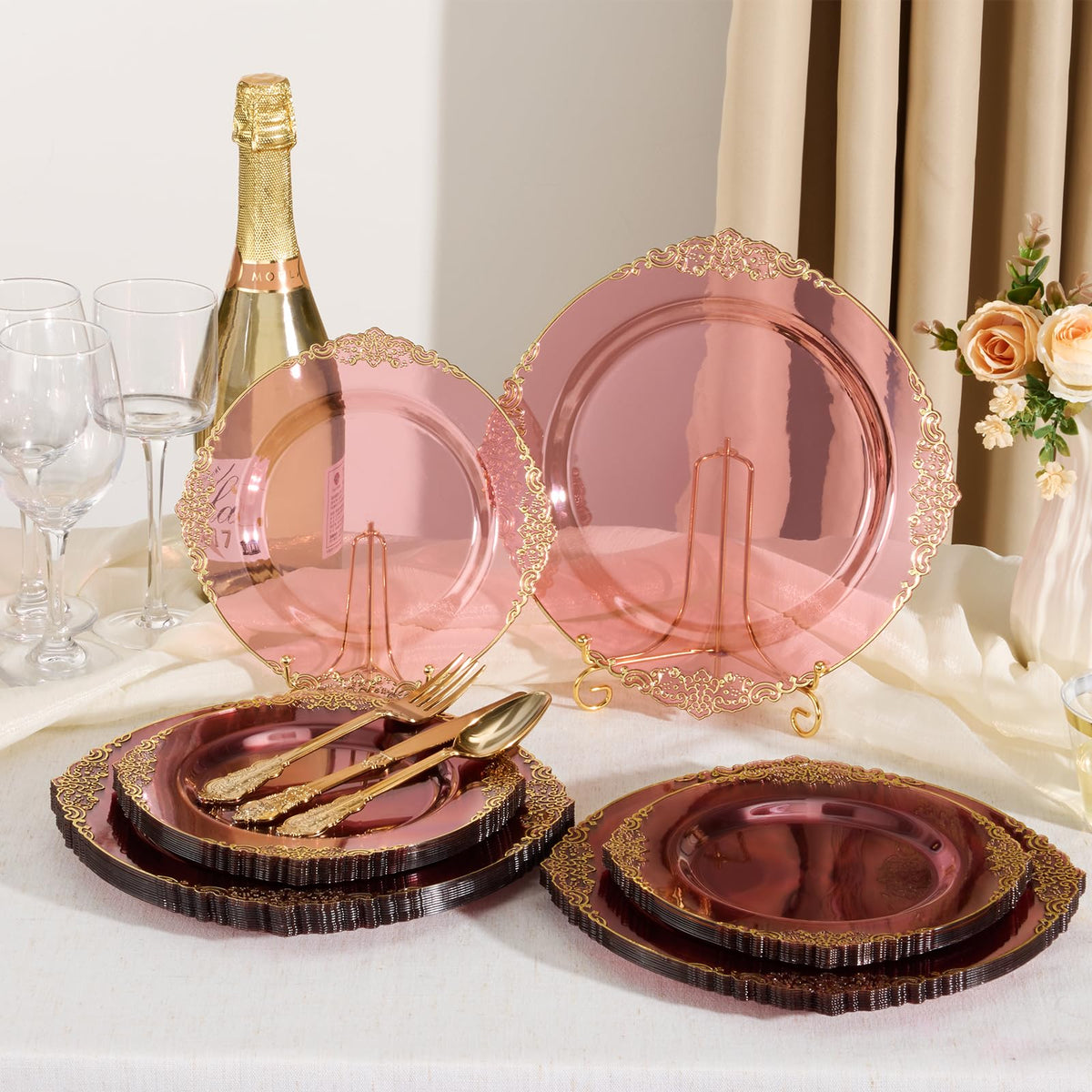 Heavy Duty Elegant Vintage Plastic Plates with Cutlery Set for Wedding, Bridal Shower, Anniversary