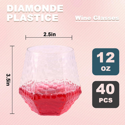 12 Oz Hammered Diamond Stemless Plastic Wine Glasses for Weddings, Birthday Parties, Family Gatherings, Bars