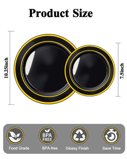 Goodluck Premium Disposable Black with Gold Rim Plastic Plates Set for Party, Wedding, Holiday, and Halloween