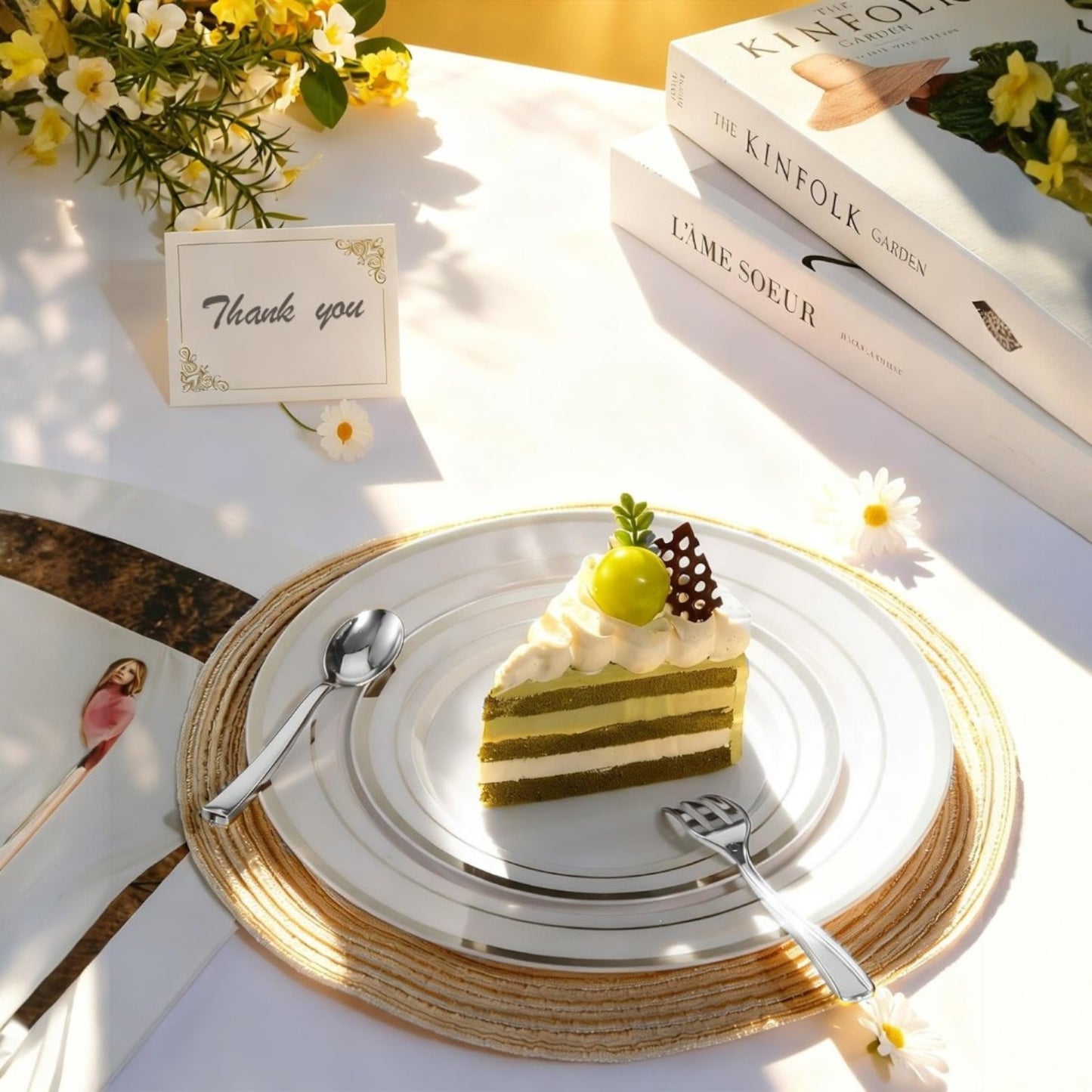 Goodluck  Disposable Elegant Silver Plastic Dinnerware Set for Weddings, Parties, Graduation, Includes: Plates, Place Cards, Cups,  Spoons, Forks, Knives, Napkins