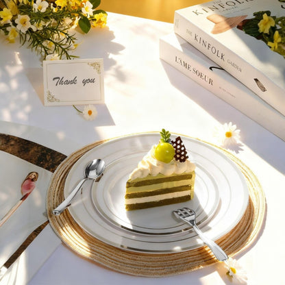 Goodluck  Disposable Elegant Silver Plastic Dinnerware Set for Weddings, Parties, Graduation, Includes: Plates, Place Cards, Cups,  Spoons, Forks, Knives, Napkins