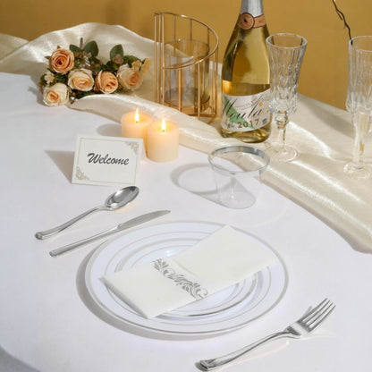 Goodluck  Disposable Elegant Silver Plastic Dinnerware Set for Weddings, Parties, Graduation, Includes: Plates, Place Cards, Cups,  Spoons, Forks, Knives, Napkins