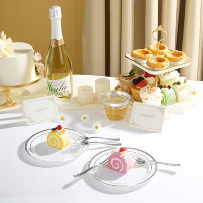 Goodluck  Disposable Elegant Silver Plastic Dinnerware Set for Weddings, Parties, Graduation, Includes: Plates, Place Cards, Cups,  Spoons, Forks, Knives, Napkins