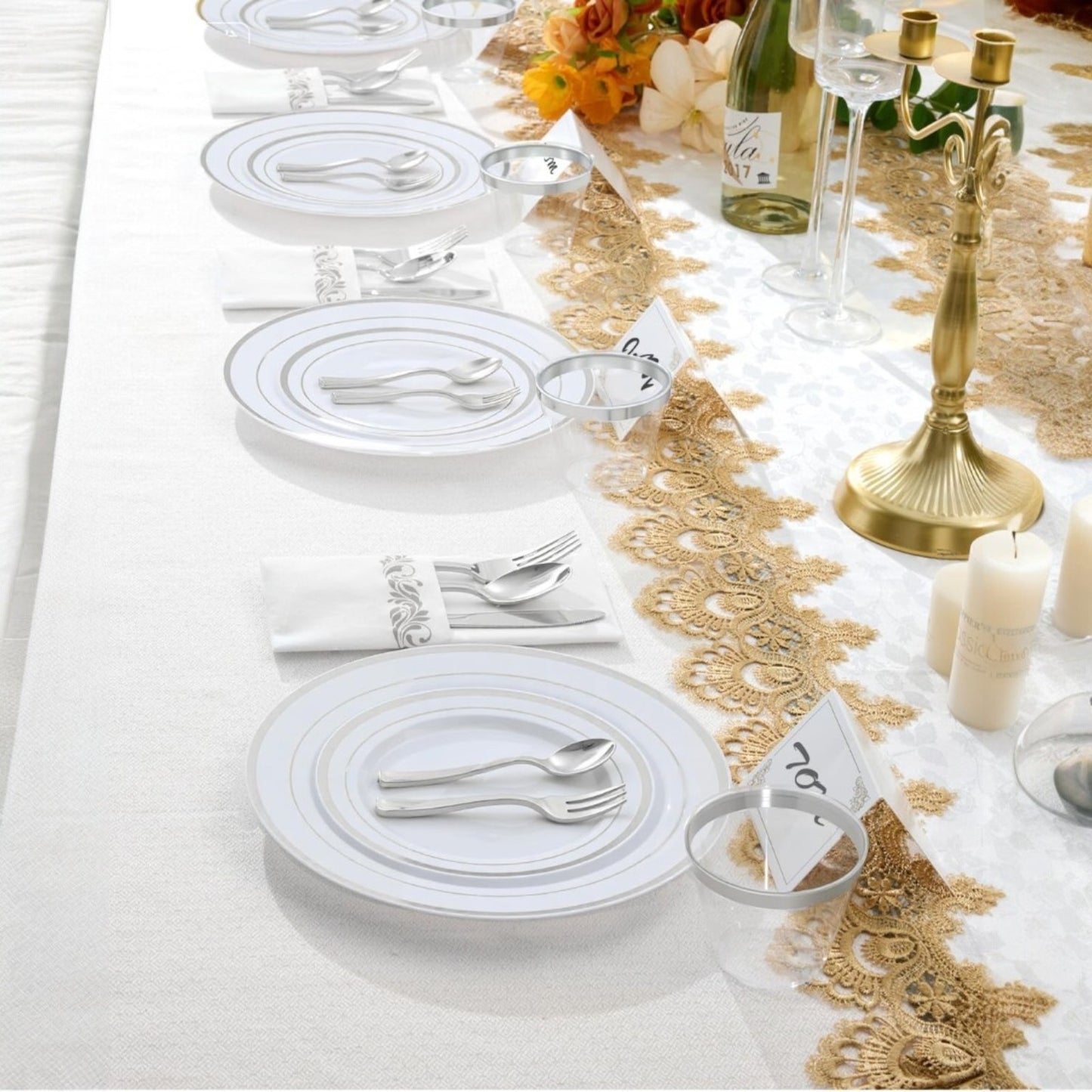Goodluck  Disposable Elegant Silver Plastic Dinnerware Set for Weddings, Parties, Graduation, Includes: Plates, Place Cards, Cups,  Spoons, Forks, Knives, Napkins