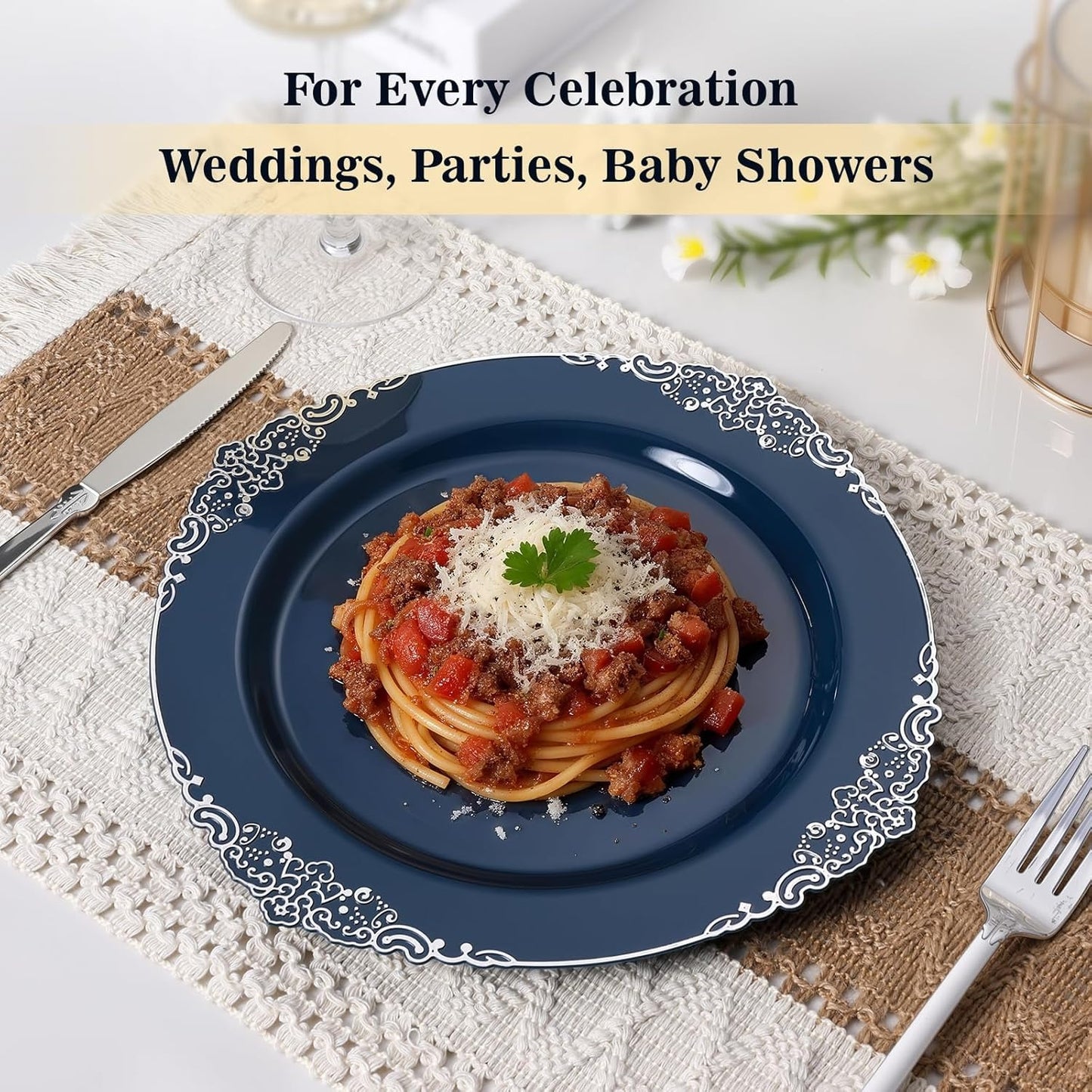 Goodluck 100PCS Heavy Duty Disposable Navy Blue Plastic Plates with Vintage Silver Trim for Weddings, Parties, Events