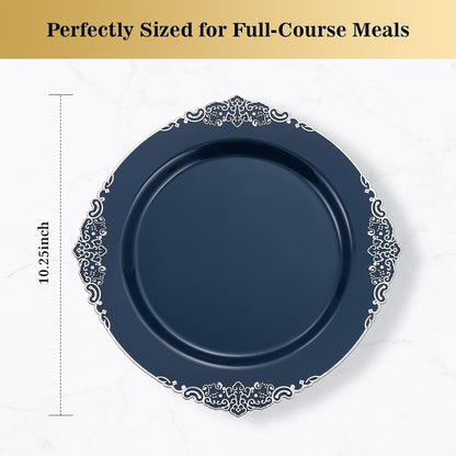 Goodluck 100PCS Heavy Duty Disposable Navy Blue Plastic Plates with Vintage Silver Trim for Weddings, Parties, Events