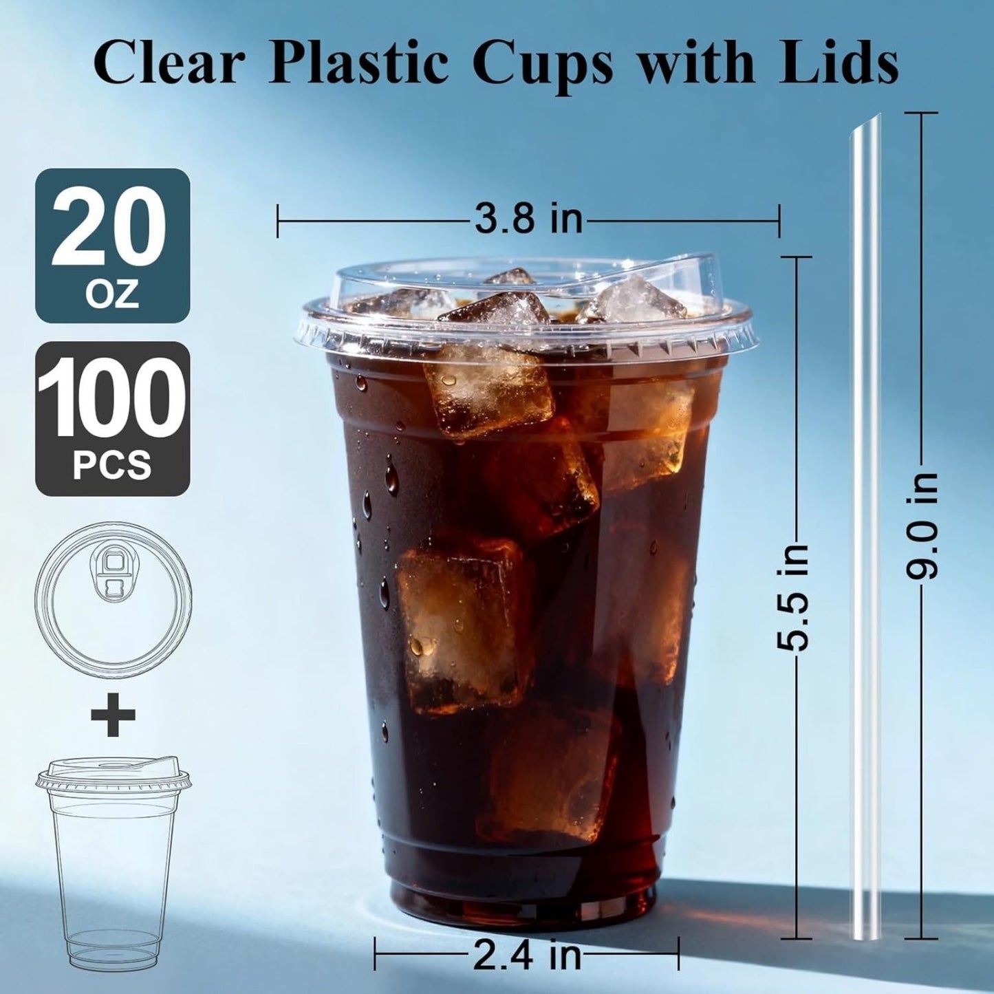100 Pack Disposable Plastic Cups With Strawless Sip Lids,  Iced Coffee Cups (include straw) for Smoothies, Party Drinks, Bubble Tea, Cold Beverage
