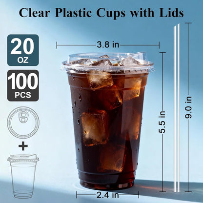 100 Pack Disposable Plastic Cups With Strawless Sip Lids,  Iced Coffee Cups (include straw) for Smoothies, Party Drinks, Bubble Tea, Cold Beverage