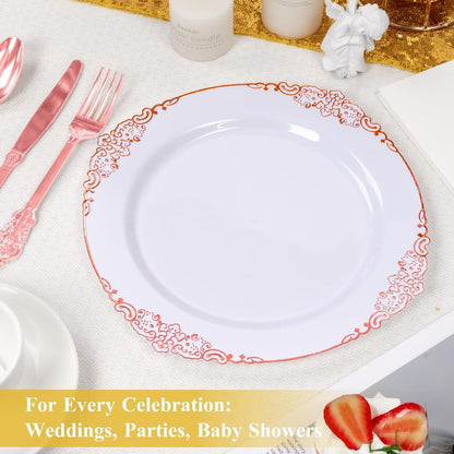Goodluck 100PCS Heavy Duty Disposable Rose Gold Plastic Plates with Vintage Silver Trim for Weddings, Parties, Events