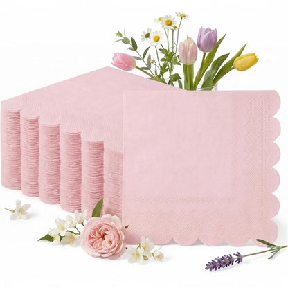 100-Pack 2-Ply 5 x 5 Inches Scalloped Disposable Napkins for Wedding, Birthday, Valentine's Day, and Baby Christening Party Decorations