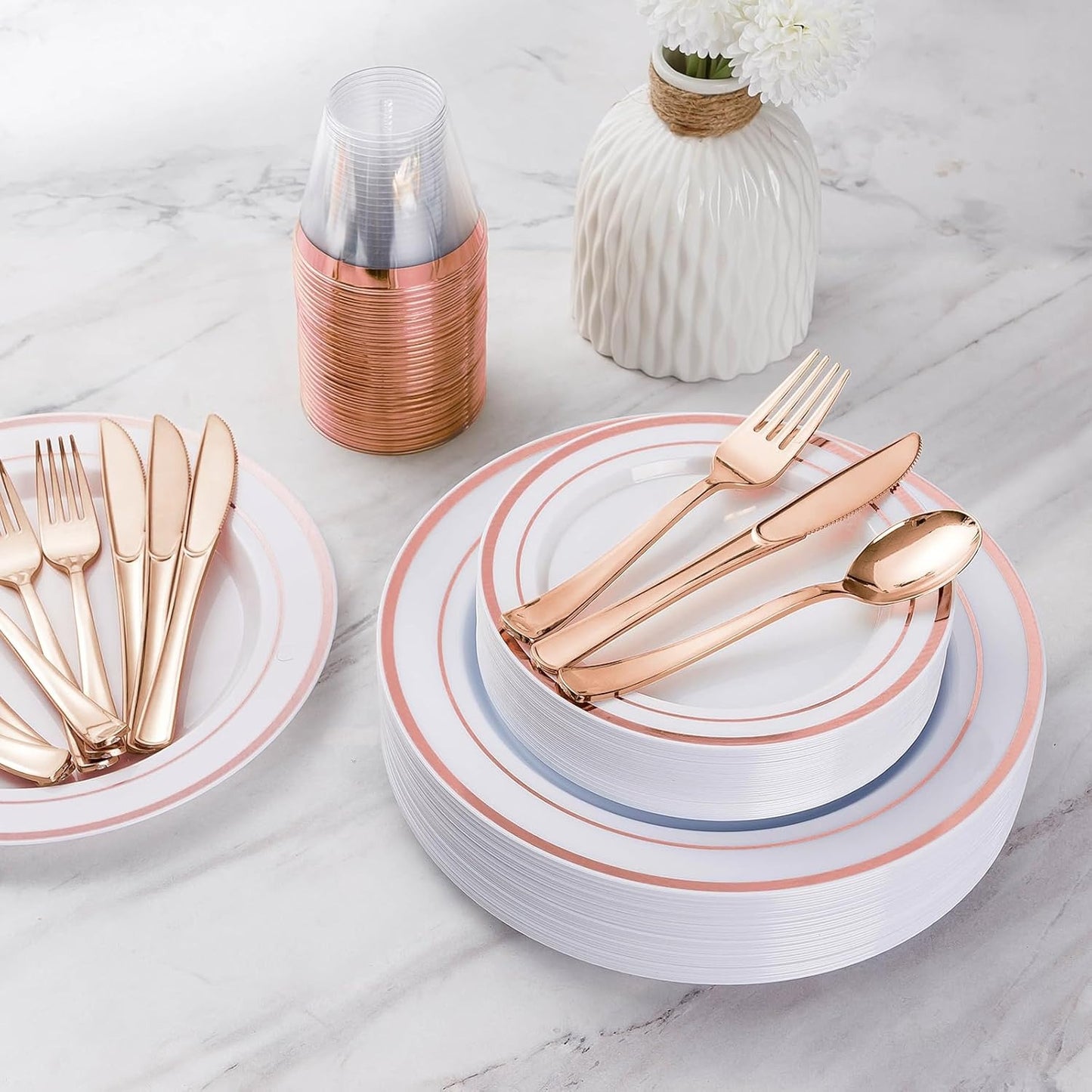 Goodluck Disposable Rose Gold Plastic Silverware Set for Wedding, Party, Valentines